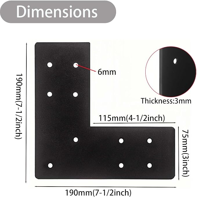 4pcs Heavy Duty Flat L Shape Flat Post Brackets, 7.5x7.5' Black, Wall Mount - Image 2
