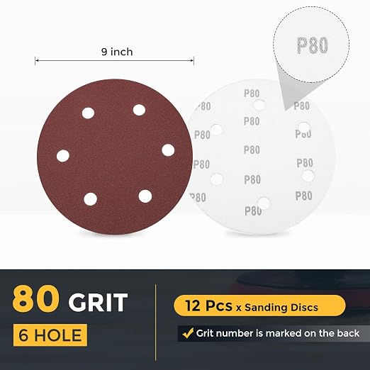 HARFINGTON 12 Pcs 9 Inch Sanding Discs 80 Grit Red Aluminum Oxide 6 Hole | Hook - Image 2