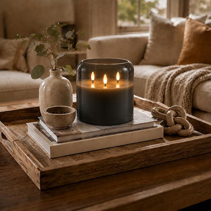Homemory Grey Large Glass Flameless LED Candle, 3 Wicks, Remote Timer | 6"x6" - Image 3