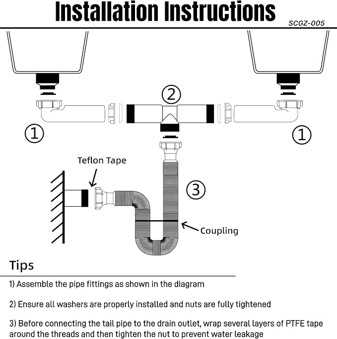 1-1/2" Double Bowl Kitchen Sink Drain Pipe Kit, Center Outlet Waste, - Image 4