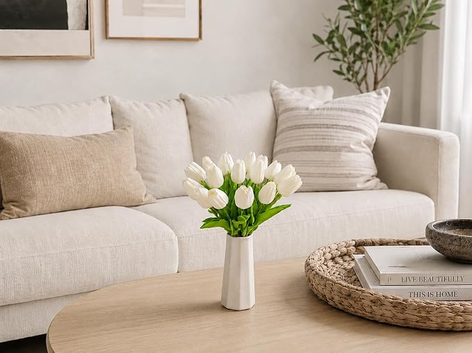 Mandy's 20pcs Artificial Pure White Tulips | 13.5 Inch Lifelike PU Tulips Faux - Image 8