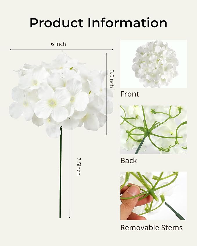 Auihiay 64Pcs Hydrangea Artificial Flowers Bulk, Silk White Hydrangeas | Full - Image 3