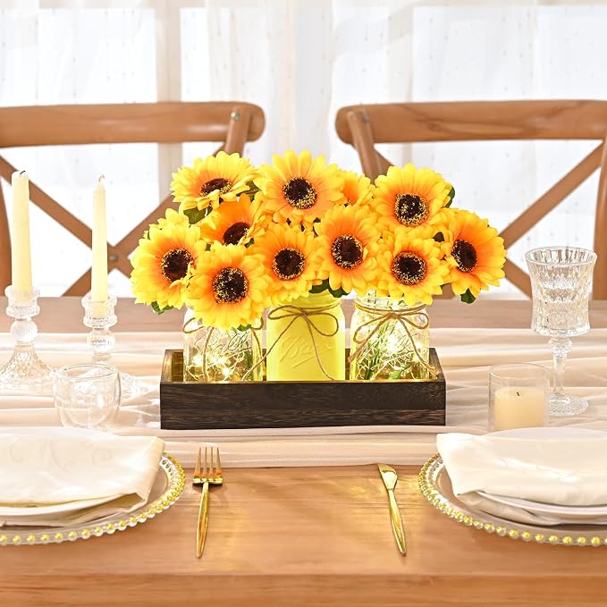 BLEUM CADE 3Pcs Mason Jar with Artificial Flowers Wood Tray and Light | - Image 3