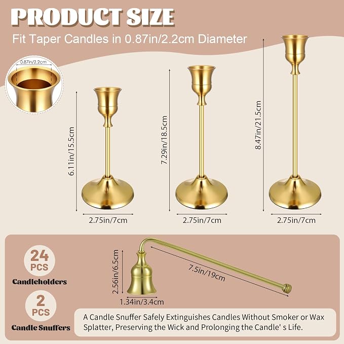 24PCS Brass Gold Taper Candle Holders Set, Metal Candlestick Holders | Plus - Image 5