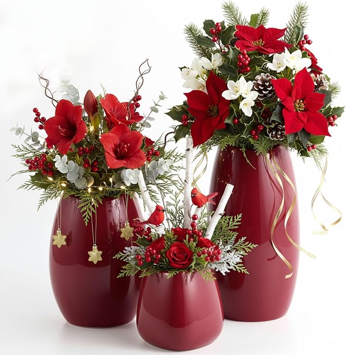 hjn Ceramic Vase Set of 3 Red Flower Vase - Image 6
