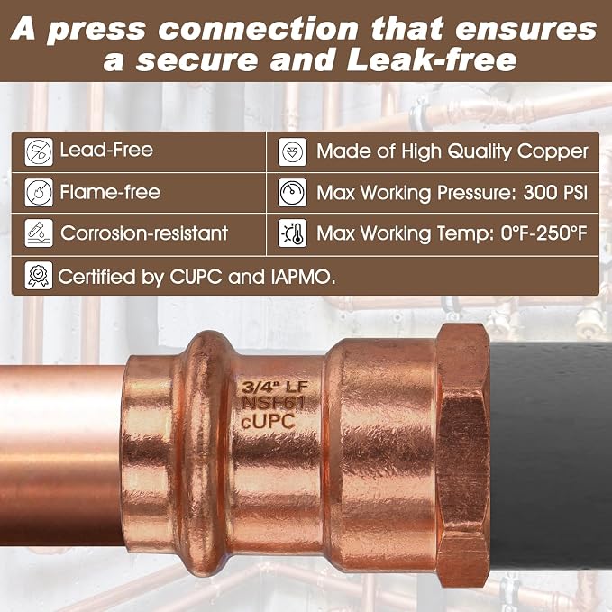 Copper Press Fittings 12pk, 3/4" Press x 3/4"NPT Copper Press Female Adapter | - Image 3