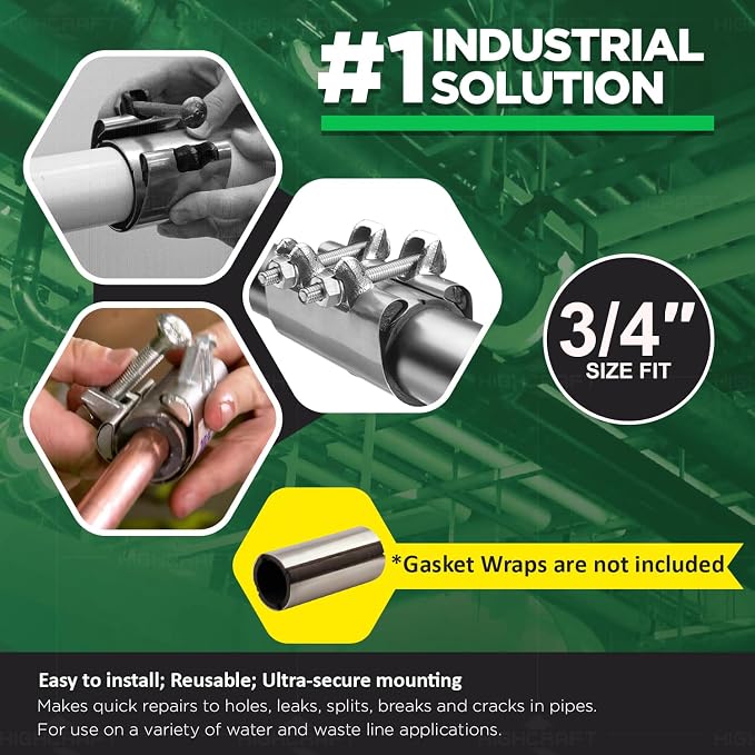 HIGHCRAFT 60075TTSD-5 Pipe Repair Clamp 3/4'', Double Bolt, 6” Long, Stainless - Image 4