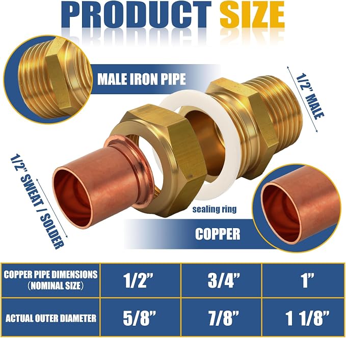 4 Pack 1/2" C x MIP LF Brass Pipe Union Sweat to Male | - Image 3