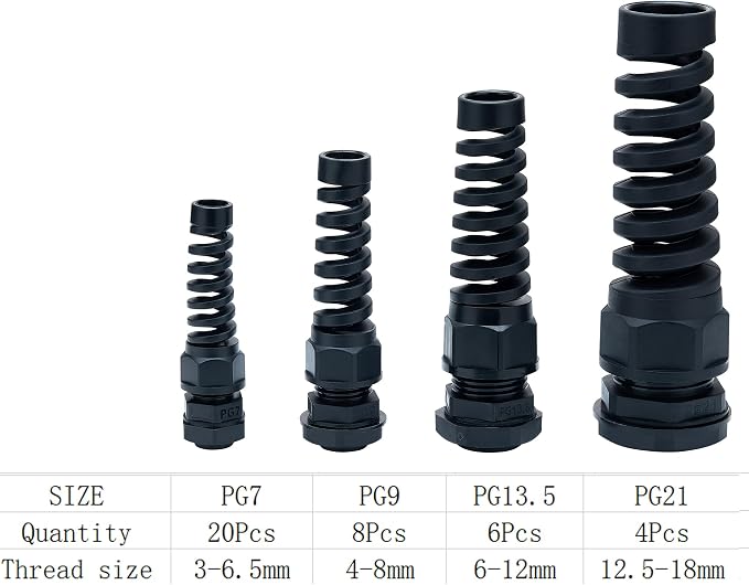 38 Pcs PG7~21 Kit Cable Gland 3-18mm Nylon Strain Relief Spring IP68 PA66 | - Image 2