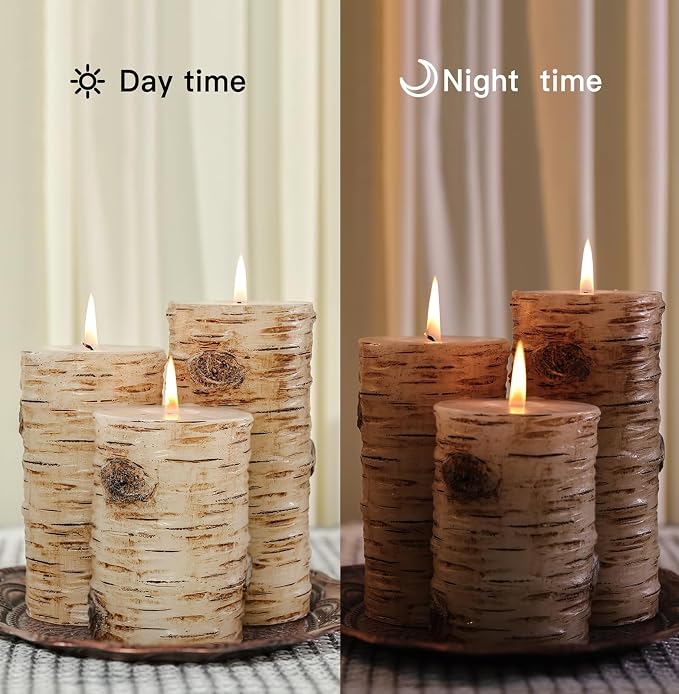 Rustic Birch Bark Pillar Candle Set of 3, Unscented Home Decor | Assorted Size - Image 8