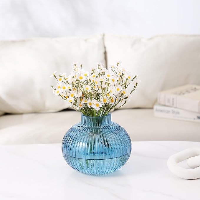 Blue Glass Vase for Tulips, Ribbed Glass Vase for Flowers, Round Flower Vases - Image 4