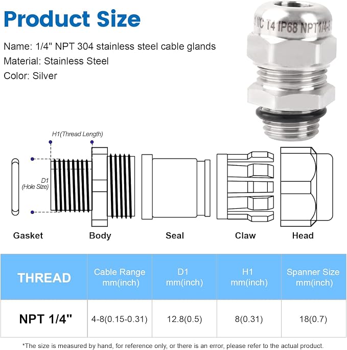 QCG 1/4" NPT Stainless Steel Cable Gland Waterproof IP68, Adjustable - Image 2