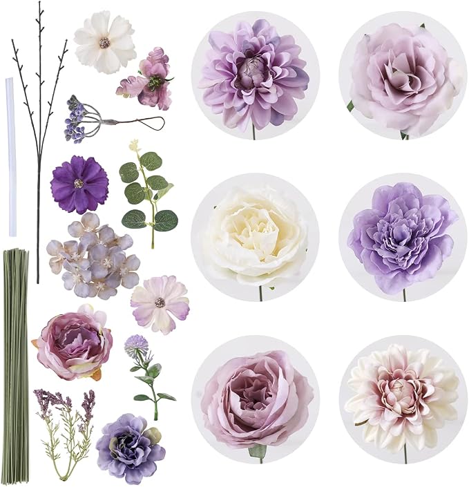 Artificial Flowers Combo Purple Flowers Mix Silk Flowers Dahlia Roses - Image 8