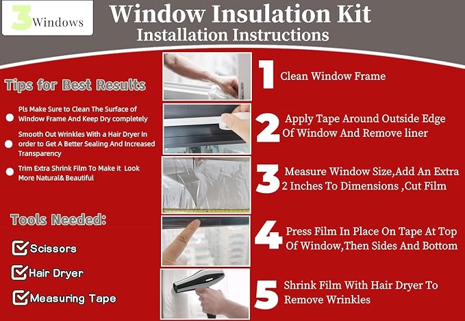 3-Window Shrink Film Window Insulation kit（62-Inch x 126-Inch） | Insulating - Image 2