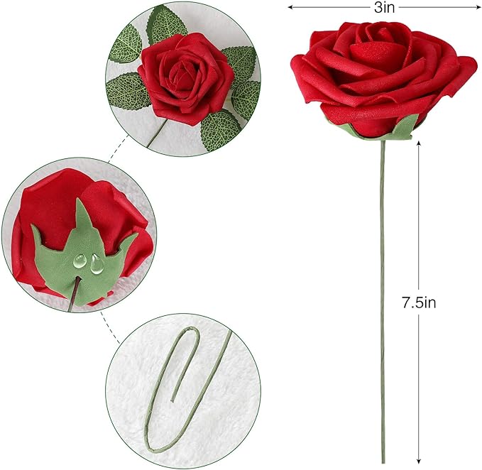AmyHomie Dark Red Rose 25pcs Real Looking Artificial Flowers w/Stem | Bouquet - Image 8
