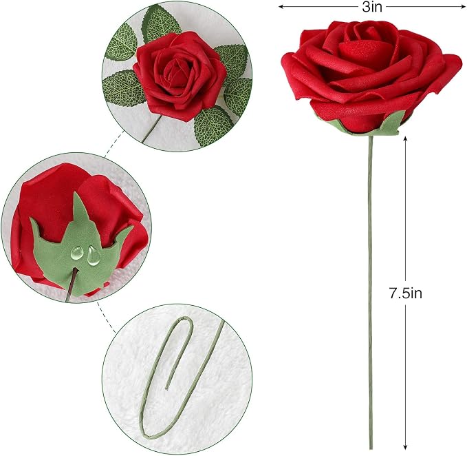 AmyHomie Dark Red Rose 100pcs Real Looking Artificial Flowers w/Stem | Bouquet - Image 8