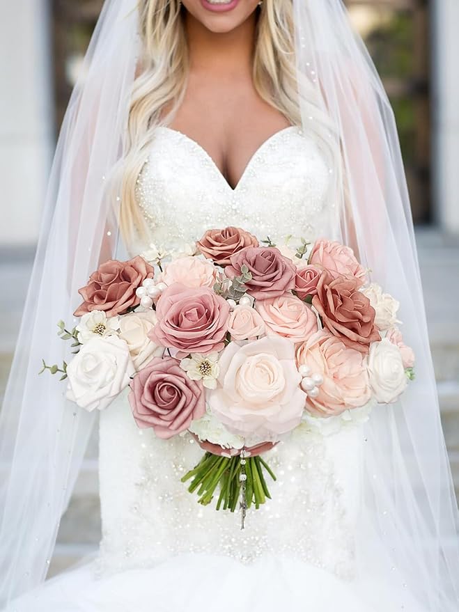 FACINOC Pink Rose Artificial Flowers Dusty Fake Flower - Image 9