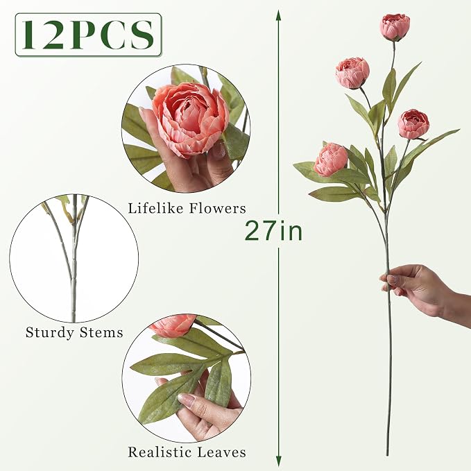 12 Pcs 27" Faux Silk Peony Artificial Flowers Stems - Image 5