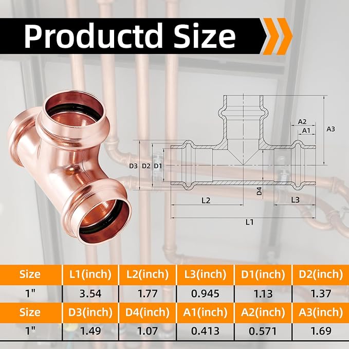 1" Copper Press Fittings Tee for Copper Pipe, 5 Pack | Lead-free copper - Image 2