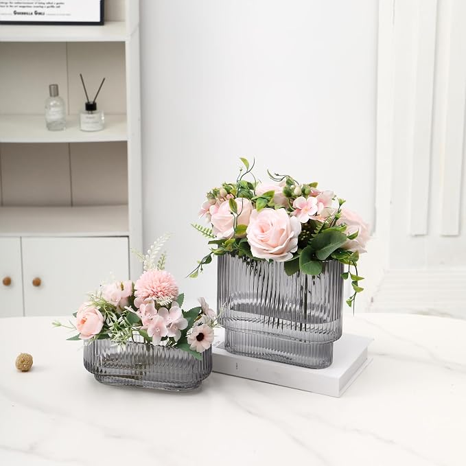 Short Glass Vases, Ribbed Vase for Flowers, Modern Small Vase for Living Room - Image 2
