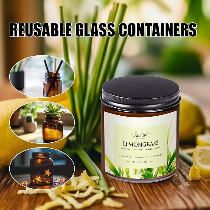 Lemongrass Scented Candle, 3-Wick Jar Candle, 12oz Natural Soy Wax | Indoor & - Image 4