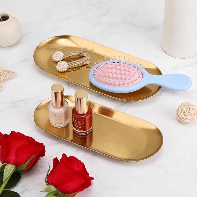 Vaincre 2PCS 7" Gold Stainless Steel Oval Jewelry Tray Ring Holder Dish | Small - Image 5