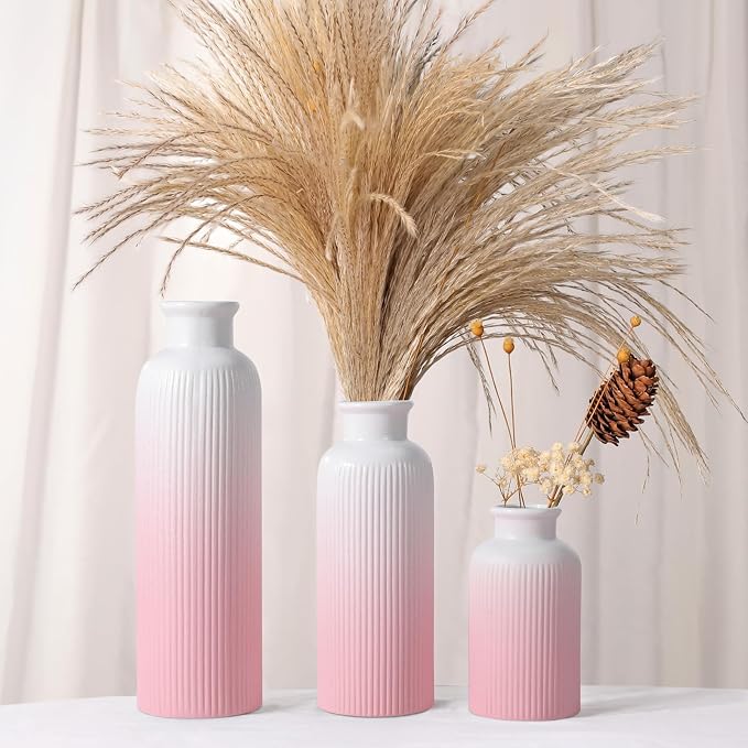 Small Gradient Pink Ceramic Vase Set of 3, Boho Modern Flower Vase Room Decor - Image 2