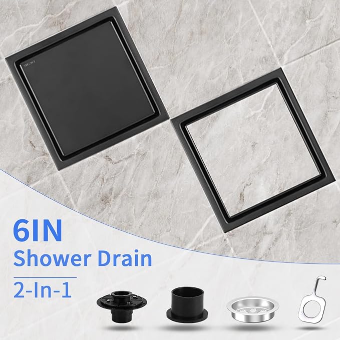 6 Inch Shower Drain Tile Insert Matte Black, Stainless Steel Square Floor Drain - Image 6