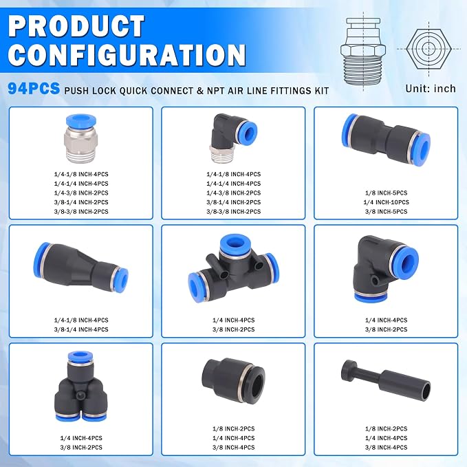 94 Pcs Quick Connect Air Line Fittings Kit Pneumatic Air Fittings | 1/4" 3/8" - Image 2