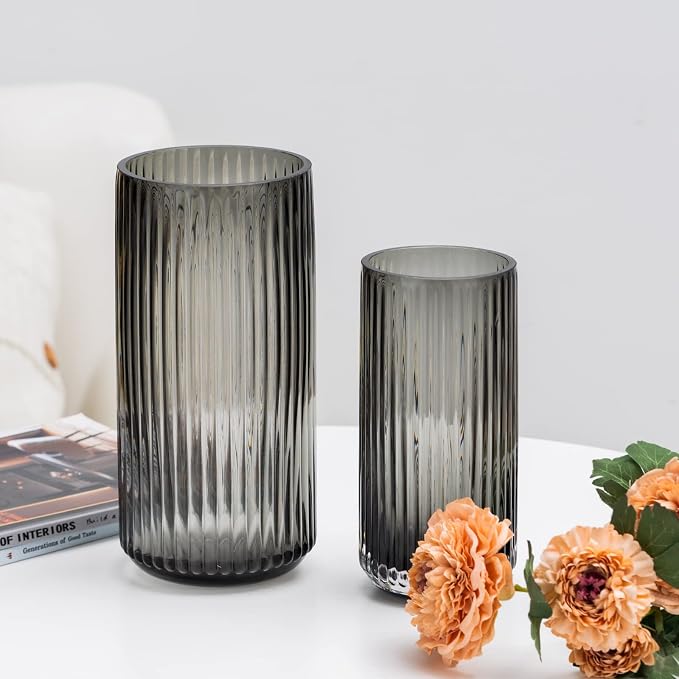 Flower Vase 10 inch Grey Thickened Hand Blow Glass Vase Round Vintage Striped - Image 6
