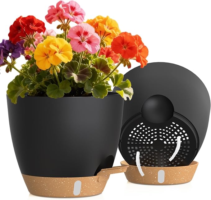 Self Watering Pots with Drainage Holes, 2 Pack 8 Inch Plant Pots with Water by KUGAZ