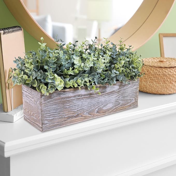 Winlyn 14" Artificial Eucalyptus in Rustic Rectangular Wooden Planter Box Faux - Image 6
