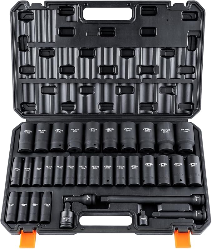 VEVOR 1/2" Drive Impact Socket Set, 34 Piece Socket Set Metric 8-36mm, 6 Point by VEVOR