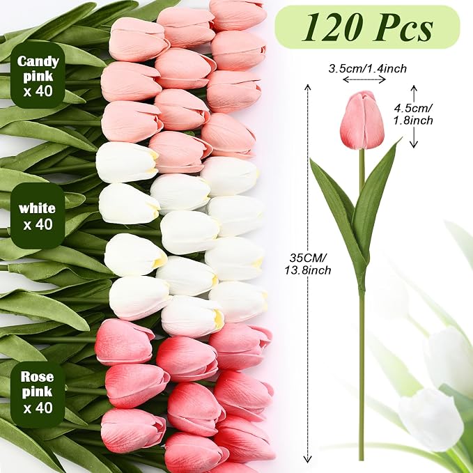 Janinka 120pcs Artificial Tulip Flowers Fake PU Tulips Faux Latex Bouquet - Image 2