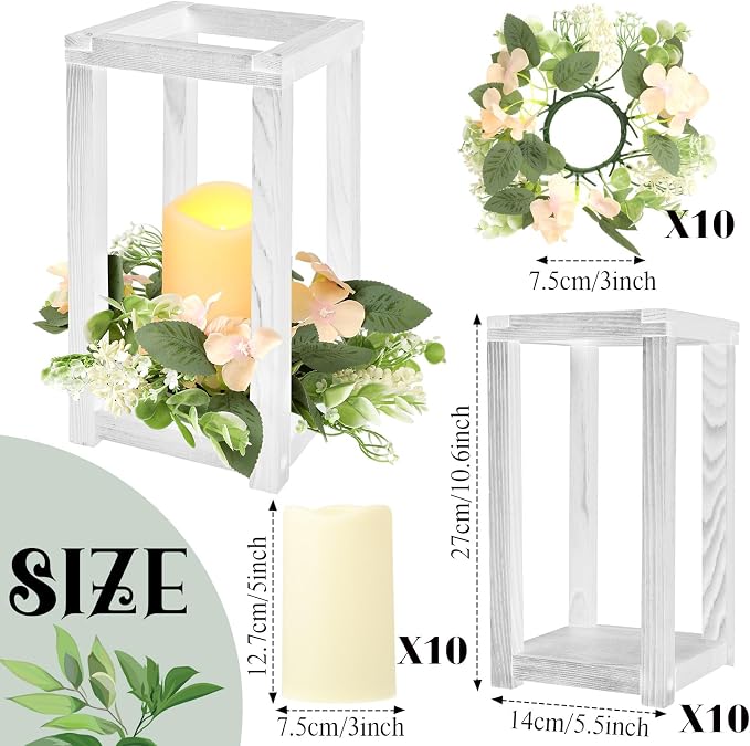Hushee 30 Pcs Wooden Wedding Lantern Centerpiece Candles Wreaths Set, LED - Image 2