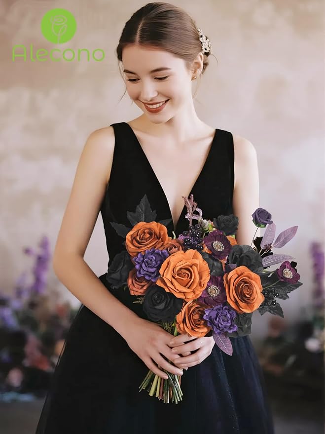 Alecono Orange and Purple Artificial Flowers, Silk Fake Floral Set | - Image 2