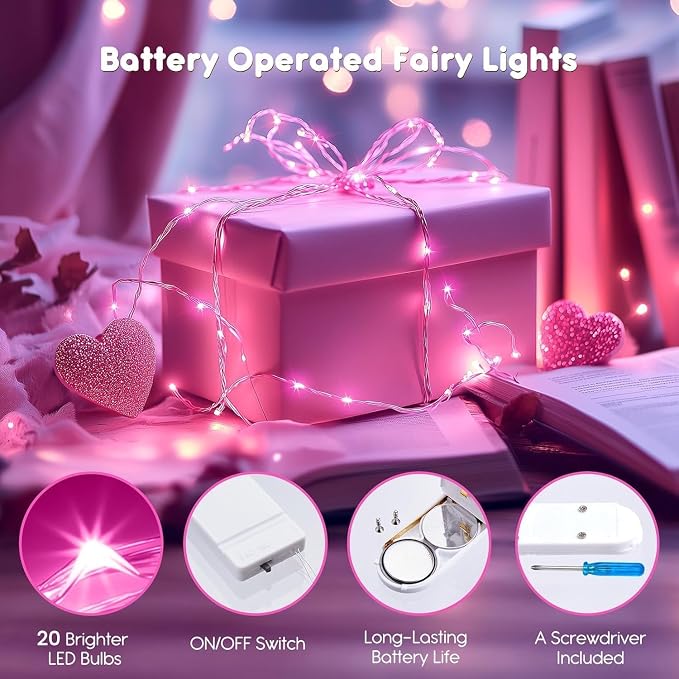 Brightown Valentine's Day 12 Pack Pink Led Fairy Lights Battery Operated String - Image 2