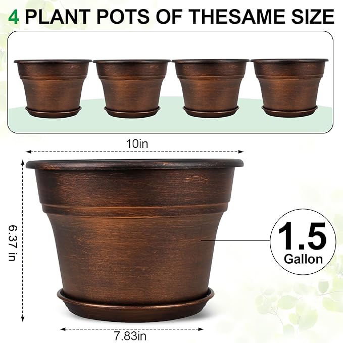 Fodetyff 10 Inch Planters Plant Pots Indoor Outdoor, 4 Pack Plastic Flower Pot - Image 3