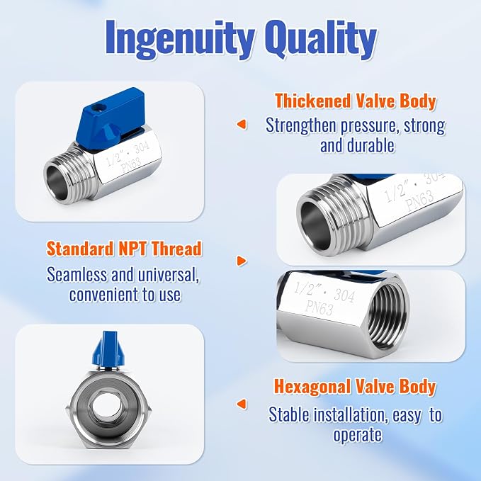 2 Pack 1/2" Mini Ball Valve, 304 Stainless Steel Water Flow Control Male x - Image 4