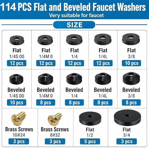 ZDBB 106 pcs Flat and Beveled Faucet Washers and Brass Bibb Screws Assortment - Image 2