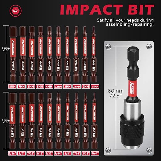 21-Piece 2.5" Hex Head Allen Wrench Drill Bit Set, 1/4" Hex Screwdriver Bits Set - Image 2