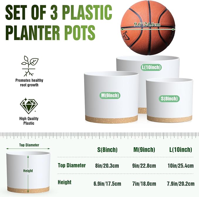 10/9/8 Inch Plant Pots 3 Pack, - Image 3