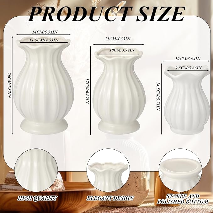 3 Pack White Ceramic Vase Set Small Rustic, 7.9in | Decorative Flower Vases - Image 2