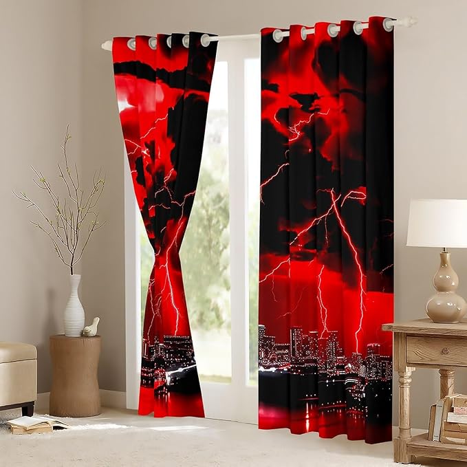 jejeloiu Red Thunder Lightning Window Drapes Cool Flashing Lightning Blackout - Image 3