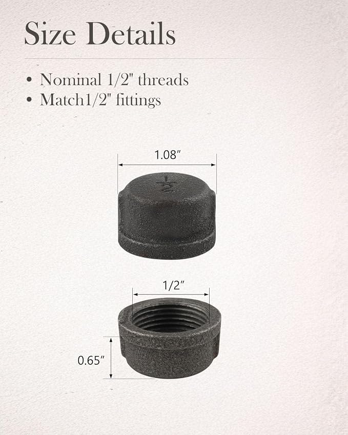 10 Pack 1/2" Malleable Cast Iron Pipe Cap, DIY furniture shelf decor, fits - Image 3