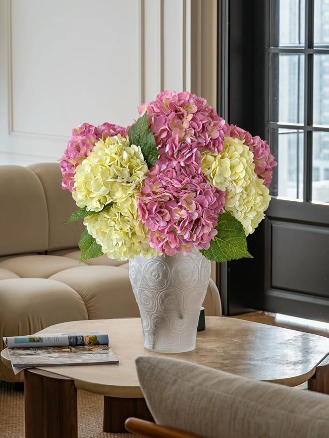 YalzoneMet 3 PCS Yellow/Pink Hydrangea Artificial Flowers 21'' Real Touch Faux - Image 6