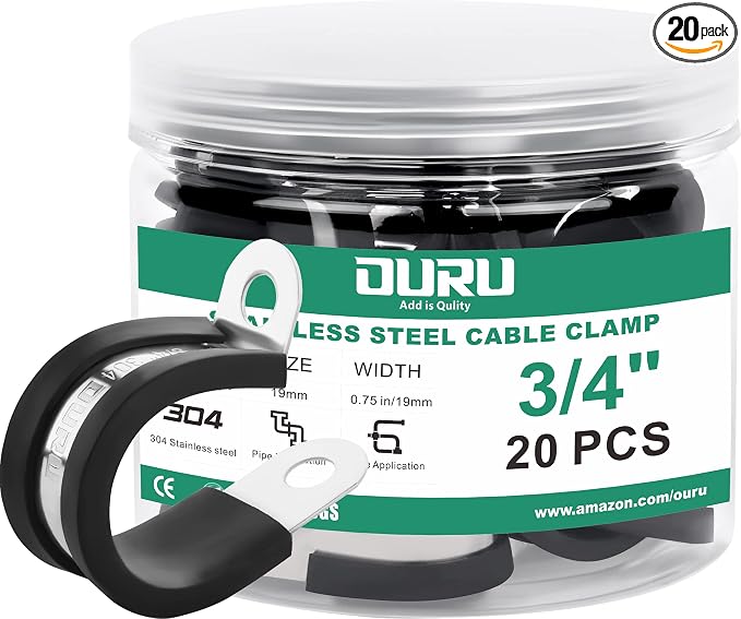 OURU 20pcs 3/4 Inch Stainless Steel Cable Clamps, Rubber Coated Cushioned by OURU