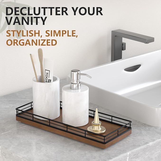 Bathroom Tray for Counter Top Organizer, Oak Wood Vanity Tray | Metal Frame for - Image 3