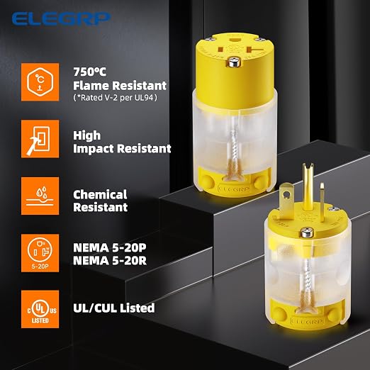 ELEGRP Lighted Straight Blade Electrical Plug and Connector Set 20 Amp 125 Volt - Image 2