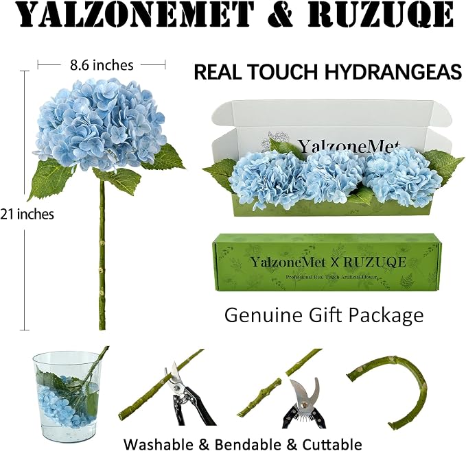 YalzoneMet Real Touch Hydrangea Artificial Flowers 3 Pcs 21 inches Light Blue - Image 3